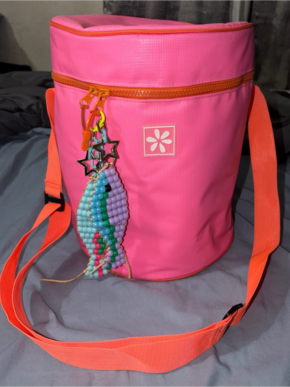 Neon Pink & Orange Round Insulated Cooler Tote Adjustable Strap